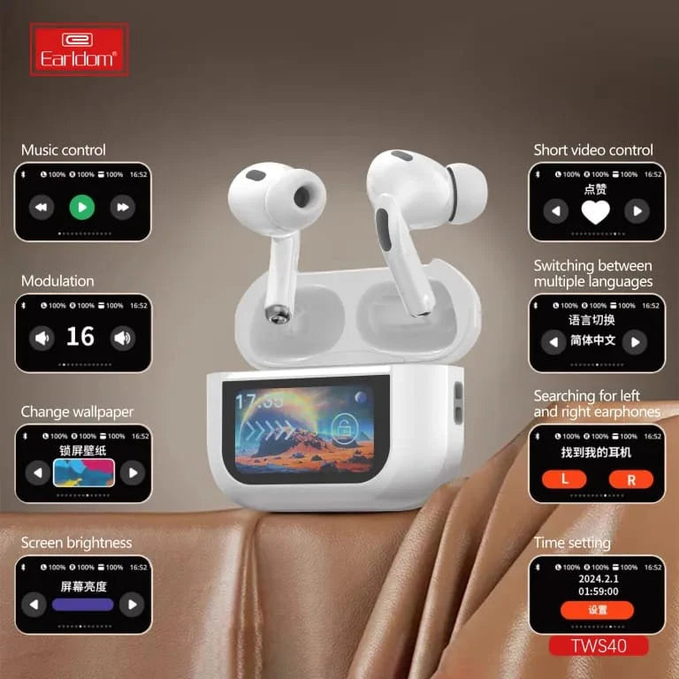 Degjuse Wireless EARLDOM TWS40 Me Ekran - Te Bardha